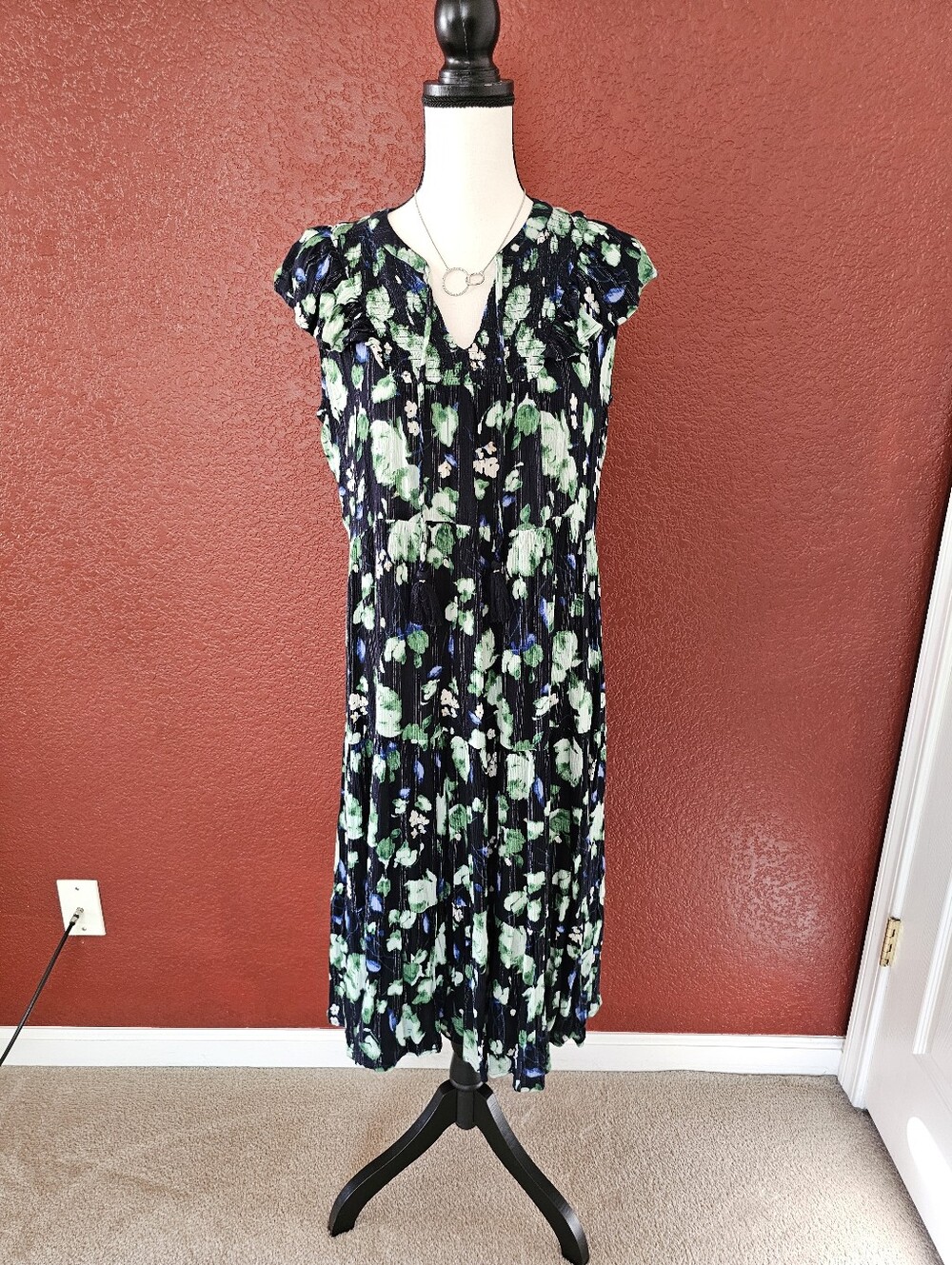 Style & Co. Navy Floral V-Neck Midi Dress with Green Accents - Picture 3 of 11